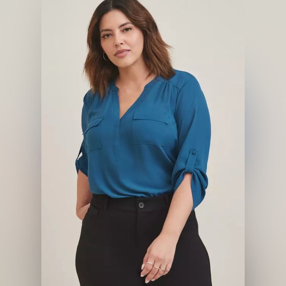 TORRID Harper Georgette 3/4 Sleeve Blouse Teal Women's Blouse 2 2X (18-20)